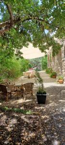 un parque con bancos, una mesa y un árbol en Casale Praia, en Letojanni