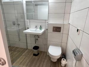 a small bathroom with a toilet and a sink at Ferienwohnung/Monteurwohnung in ruhigem Innenhof in Nörten-Hardenberg
