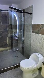 y baño con aseo y ducha. en Cómodo apartaestudio, en Santa Rosa de Cabal