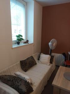 オロモウツにあるApartmán Olomouc 2+KKのベッドルーム1室(枕付きのベッド1台、窓付)
