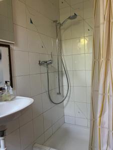 a bathroom with a shower and a sink at Stellamandra in Murten