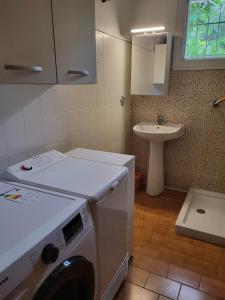 pralka w łazience z umywalką w obiekcie Maison verdure & calme w mieście Castries