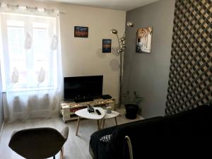 - un salon avec un canapé, une table et une télévision dans l'établissement Appartement atypique proche theatre place ducale, à Charleville-Mézières