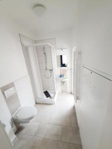 a white bathroom with a toilet and a sink at Hafen Appartements Wismar in Wismar