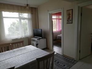 ein Wohnzimmer mit einem TV und einem Tisch mit Stühlen in der Unterkunft Sakin ev Cittaslow Sea Inn in Perşembe