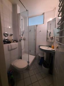 uma casa de banho com um chuveiro, um WC e um lavatório. em Oase der Ruhe und Entspannung em Bad Homburg vor der Höhe