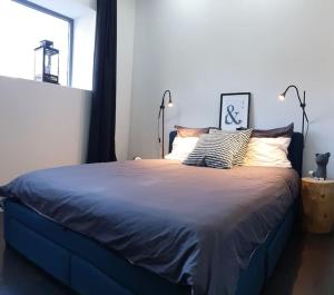 um quarto com uma cama azul com almofadas e uma janela em Villeurbanne 100 m2 Superbe appartement 3 Chambres, 3 salle de bains em Villeurbanne
