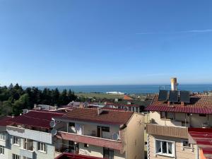 a view of roofs of buildings and the ocean at miamia apart otel in Bostancı
