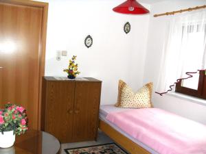 una piccola camera con letto rosa e finestra di Ferienwohnung Dagmar Mergen a Papstdorf