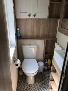 een kleine badkamer met toilet en wastafel bij Modern, stylish holiday home in Bembridge