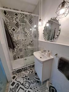 uma casa de banho com um chuveiro, um lavatório e um espelho. em CINQUE TORRI AFFITTACAMERE em Osimo