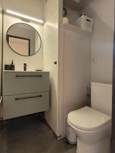 ein Badezimmer mit einem weißen WC und einem Spiegel in der Unterkunft Studio Gruissan in Gruissan