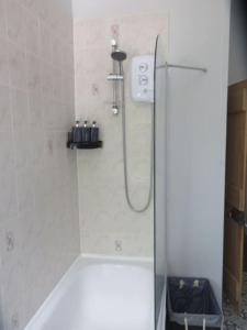 um chuveiro na casa de banho com uma banheira e um frigorífico em 2 Railway Terrace 