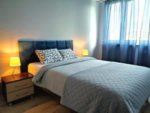 sypialnia z dużym łóżkiem i oknem w obiekcie Parkcity Chorzów w mieście Chorzów