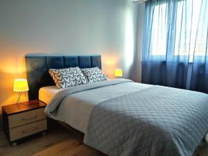 a bedroom with a large bed and a window at Parkcity Chorzów in Chorzów