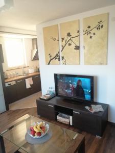 a living room with a television and a table with a bowl of fruit at Studio Syreny in Warsaw