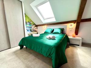 a bedroom with a green bed with a skylight at Natural Suite - Proche Gare - 4P in Belfort