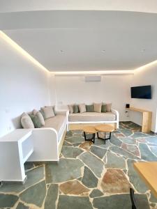 a living room with a couch and a tv at Villa Acta in Kithnos