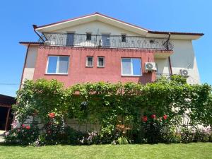 a house with a balcony on top of a bush at Vila Alexa in Costinesti