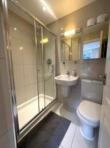 e bagno con doccia, servizi igienici e lavandino. di Exquisite 3 Bedroom Apartment with Private Terrace in Pimlico a Londra