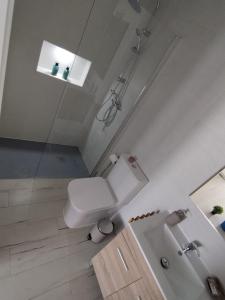 a white bathroom with a toilet and a sink at Un Lugar Llamado Descanso en Monfrague in Torrejón el Rubio