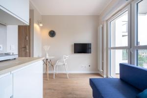 a kitchen and living room with a blue couch at Brzeźno Studio Deluxe in Gdańsk +11 photos