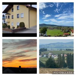 a series of four pictures of a house and a sunset at Fewo mit Burgruinenblick in Runding