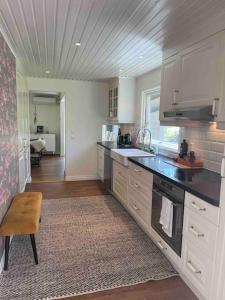 ストックホルムにあるTrevligt hus med vacker omgivningのキッチン(白いキャビネット、黒いカウンタートップ付)