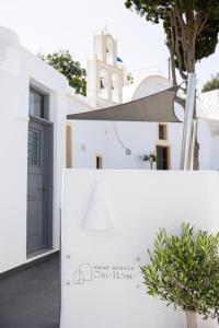 a white house with a door and a plant at Saint George Cave House in Fira