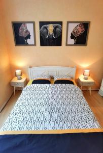 un lit dans une chambre avec des tableaux sur le mur dans l'établissement Charmant T2 meublé quartier château de Pau, à Pau