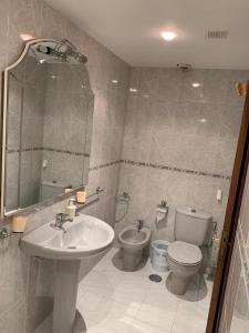 uma casa de banho com um lavatório, um WC e um espelho. em Alojamiento Os piñeiros em Cangas