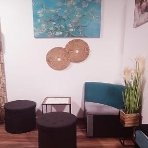 sala de estar con silla y 2 taburetes en Alis en Sofía