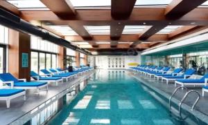 a swimming pool with blue chairs in a building at İstanbul Lüks daire in Istanbul