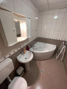 a bathroom with a tub and a toilet and a sink at Korun's Lakeview Apartment in Lagadin