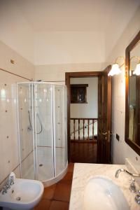 ein Bad mit einer Dusche und einem Waschbecken in der Unterkunft Villa del Ruach in Struda