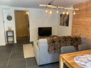 a living room with a couch and a tv at Studio neuf et chaleureux in Vars