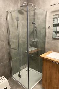 a shower with a glass door in a bathroom at Apartamenty Westerplatte in Jastrzębia Góra