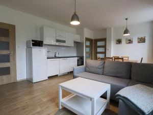 a living room with a couch and a table and a kitchen at Apartment Kořenov 720-2 by Interhome in Kořenov