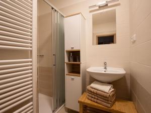 een witte badkamer met een wastafel en een douche bij Apartment Kořenov 720-2 by Interhome in Kořenov