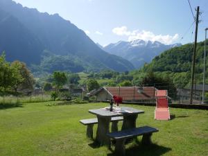 una mesa de picnic en un campo con vistas a las montañas en Apartment Casa Lara by Interhome, en Olivone