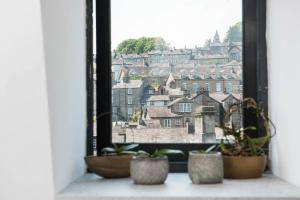 a window with potted plants on a window sill at The Arches Apartments Kendal in Kendal