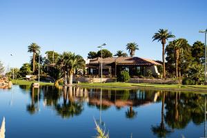 ein Haus mit einem Teich vor einem Gebäude in der Unterkunft YVES Marrakech in Marrakesch