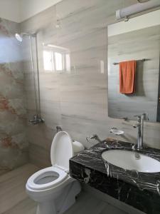 uma casa de banho com um WC e um lavatório em White Palace Guesthouse em Islamabad