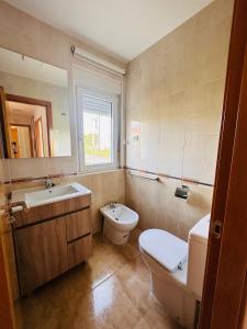 a bathroom with a toilet and a sink and a mirror at Aserradero - Bajo con terraza y piscina ! in San Martín de Arriba +5 photos