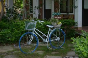 een blauwe fiets geparkeerd voor een huis met potplanten bij Hang Mua Family Homestay in Ninh Binh