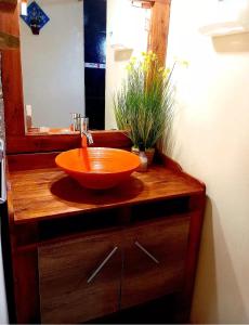 a bathroom with a bowl sink on a wooden vanity at Cabaña Onty in El Calafate