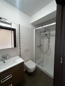 y baño con ducha, aseo y lavamanos. en Danilo's Appartments, en Koper