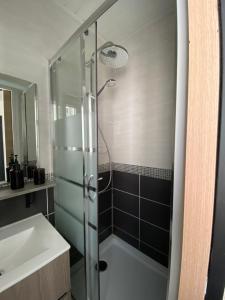 een badkamer met een glazen douche en een wastafel bij Le Chanzy Proche des Thermes et de la Gare in Rochefort