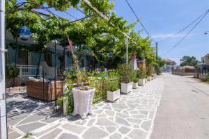 a row of plants in pots on a sidewalk at Studios Liolios #5 in Skala Potamias