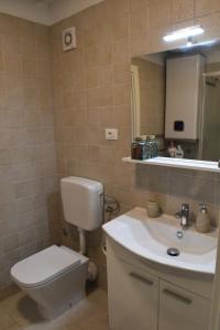 een badkamer met een toilet, een wastafel en een spiegel bij Villa Arte in Bale